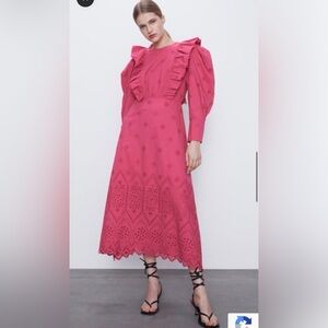 100% cotton Pink maxi dress with puffy sleeve by Zara
